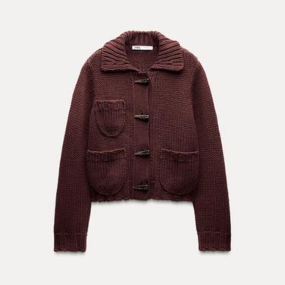 NWT ZARA CHUNKY KNIT CARDIGAN Burgundy Ref 1957/101 M - Picture 2 of 4